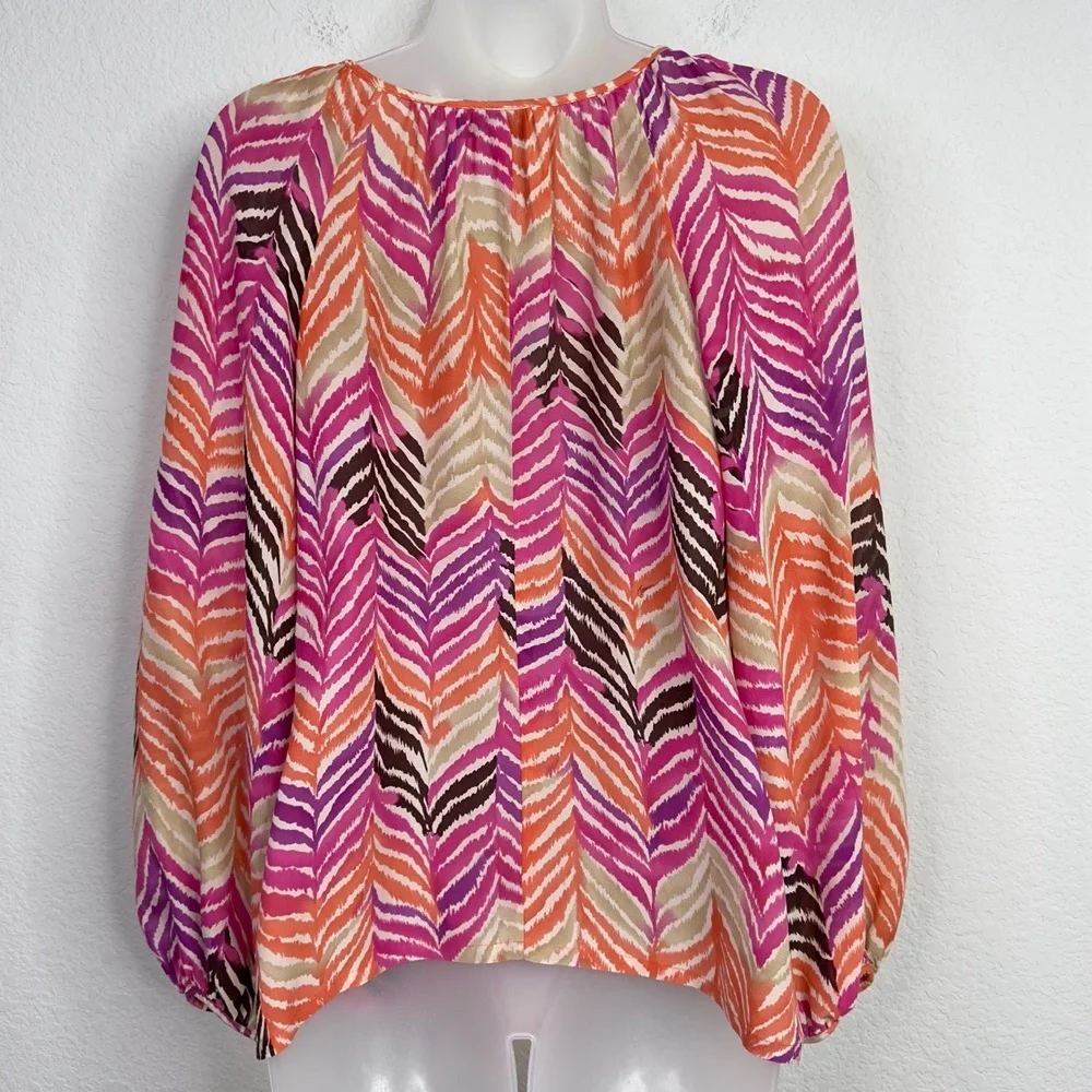 Trina Turk Shirt Women S Colorful Silk Abstract Artsy Peasant Boho Coastal Beach